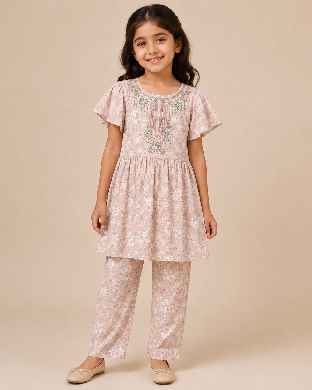 Girls Floral Printed Frock Dress Set with Matching Pants | Party & Casual Wear..30