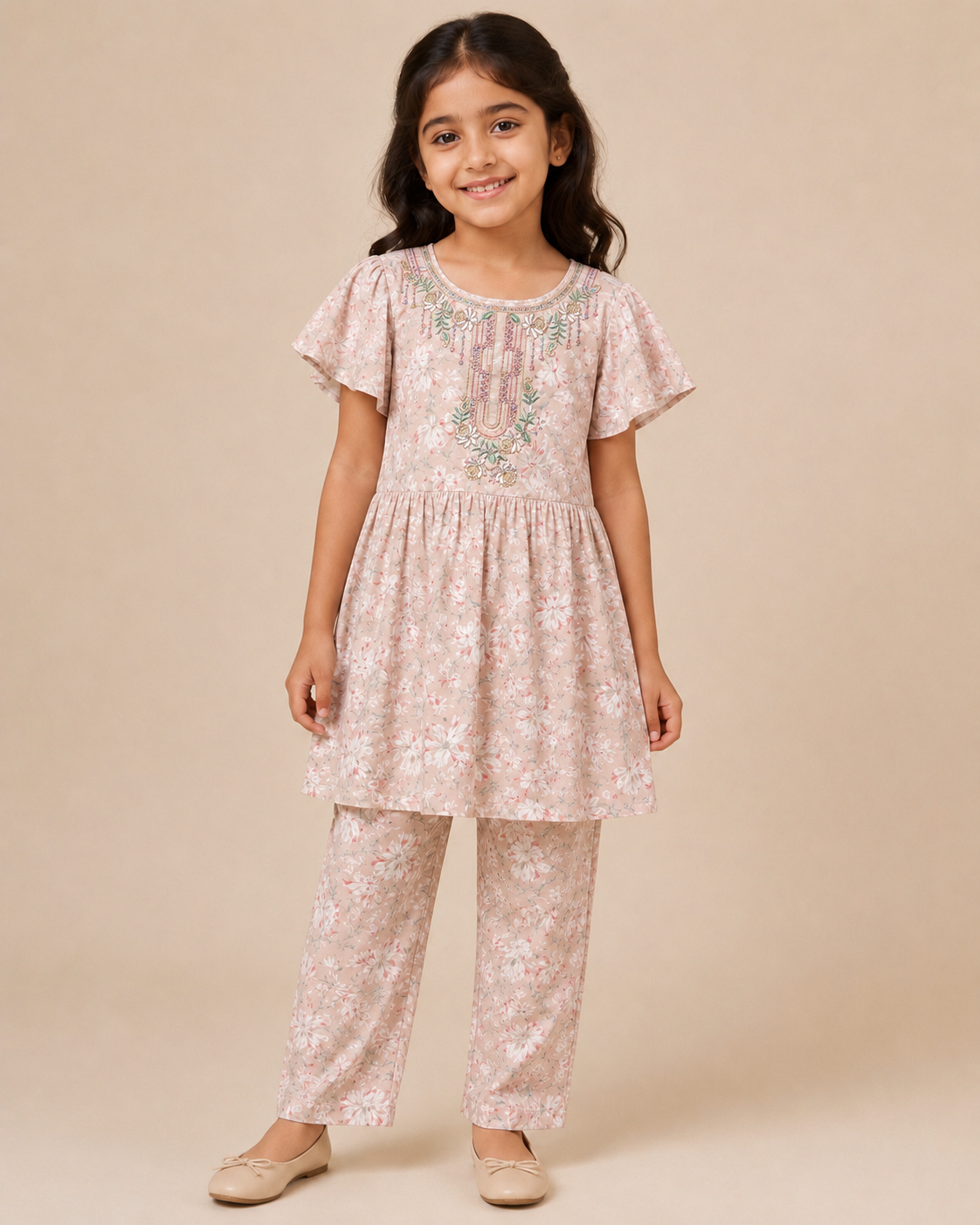 Girls Floral Printed Frock Dress Set with Matching Pants | Party & Casual Wear..30