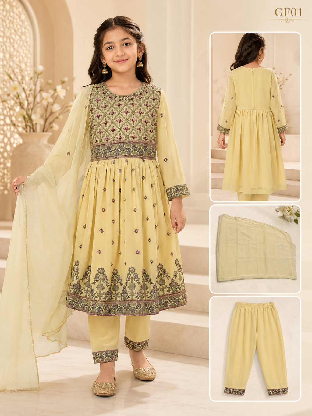 Luxury Girls Embroidered Three Piece Set–Pastel Lemon|GF01