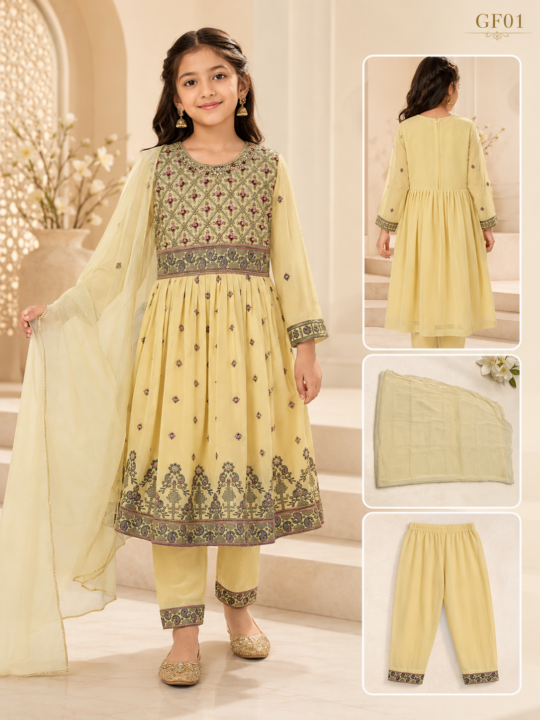 Luxury Girls Embroidered Three Piece Set–Pastel Lemon|GF01