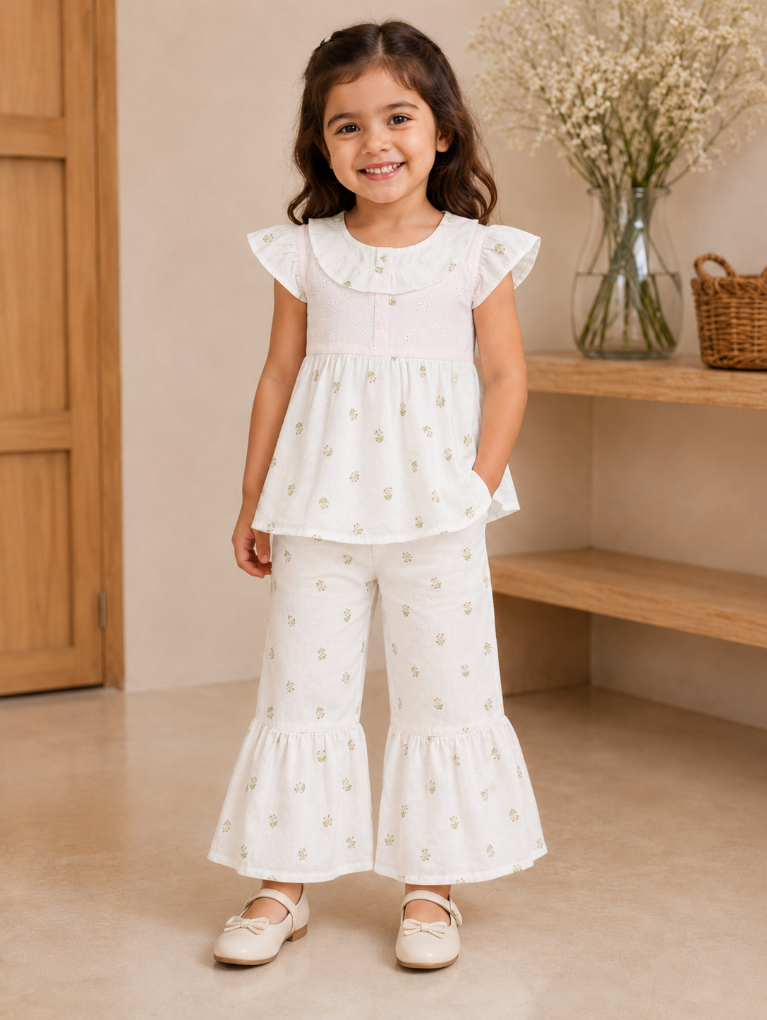 Baby Girls Floral Peplum Top & Bell Bottom Pant Set 1405