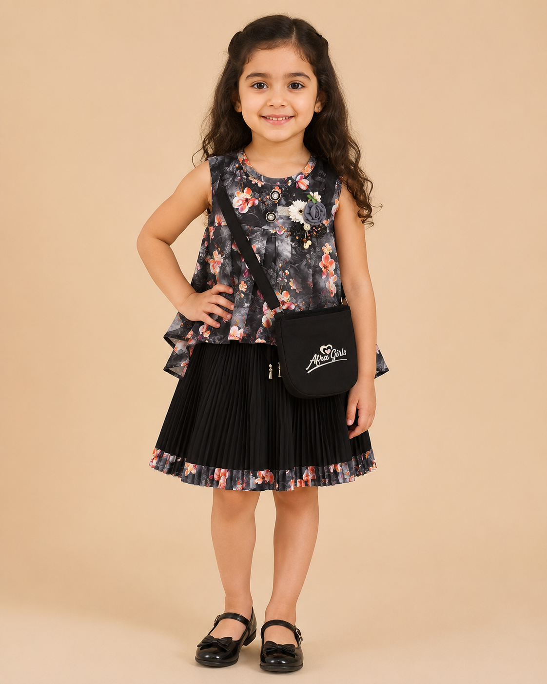 Girls Floral Cold-Shoulder Top & Black Pants Set 261