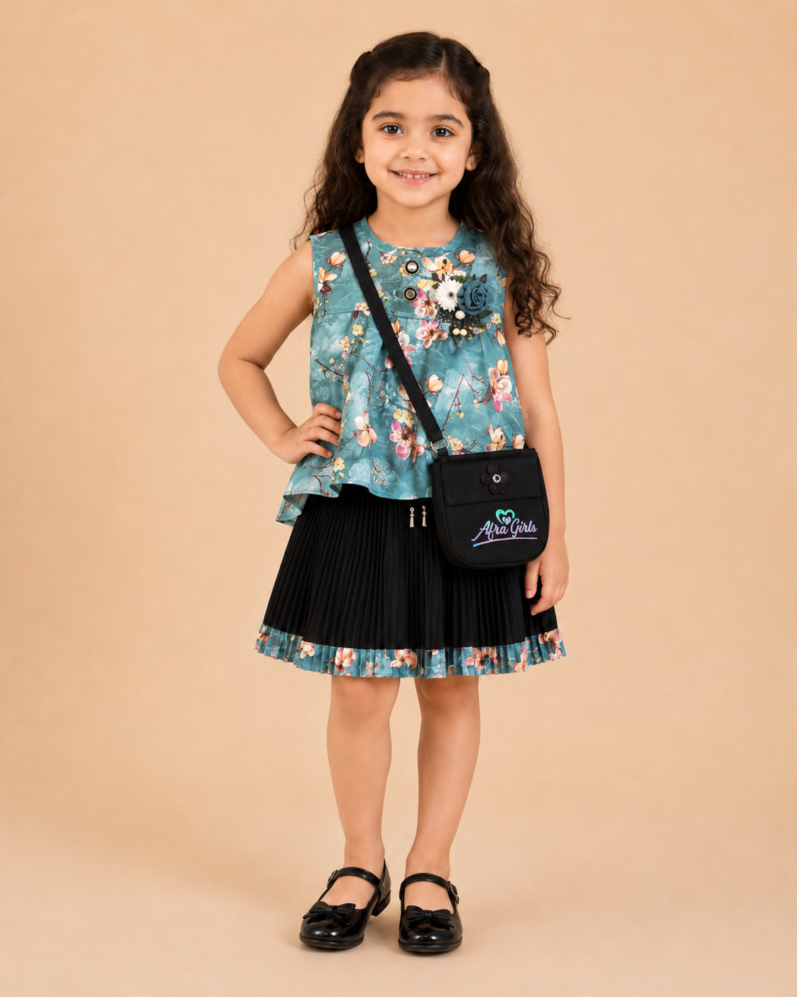 Girls Floral Cold-Shoulder Top & Black Pants Set 261