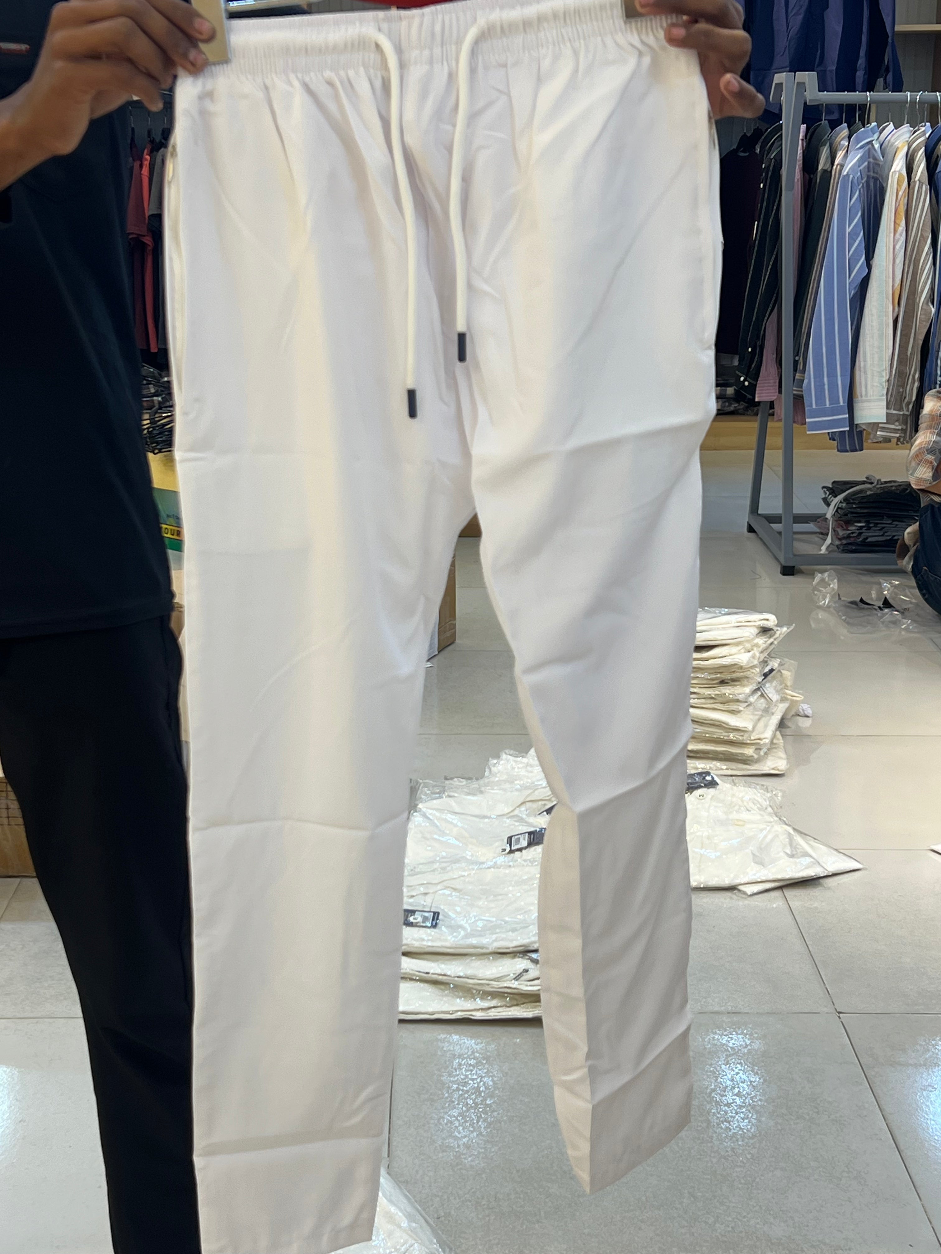 Men's Premium White Cotton-Twill Drawstring Trousers – Casual Zipper Pocket Pants P321
