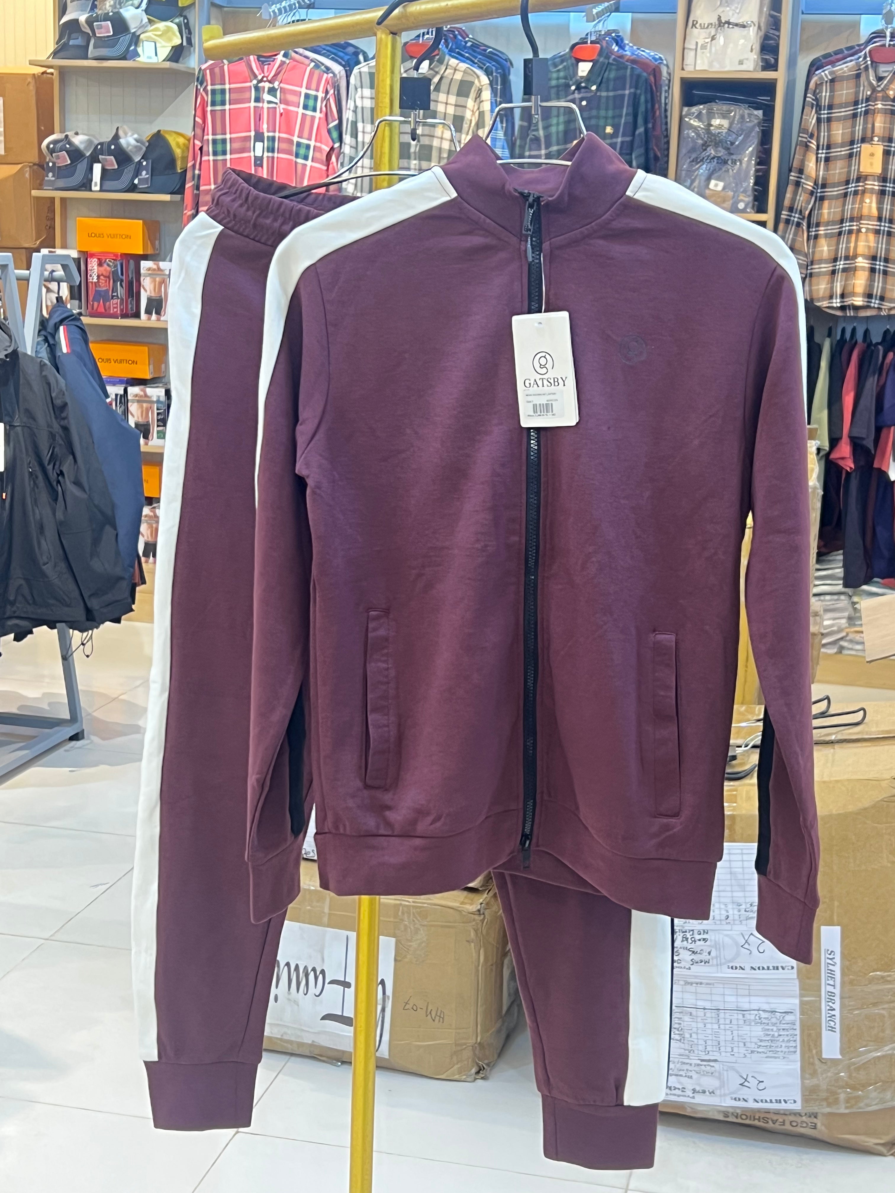 Men’s Premium Zip-Up Tracksuit Set – Maroon with White Stripe 05