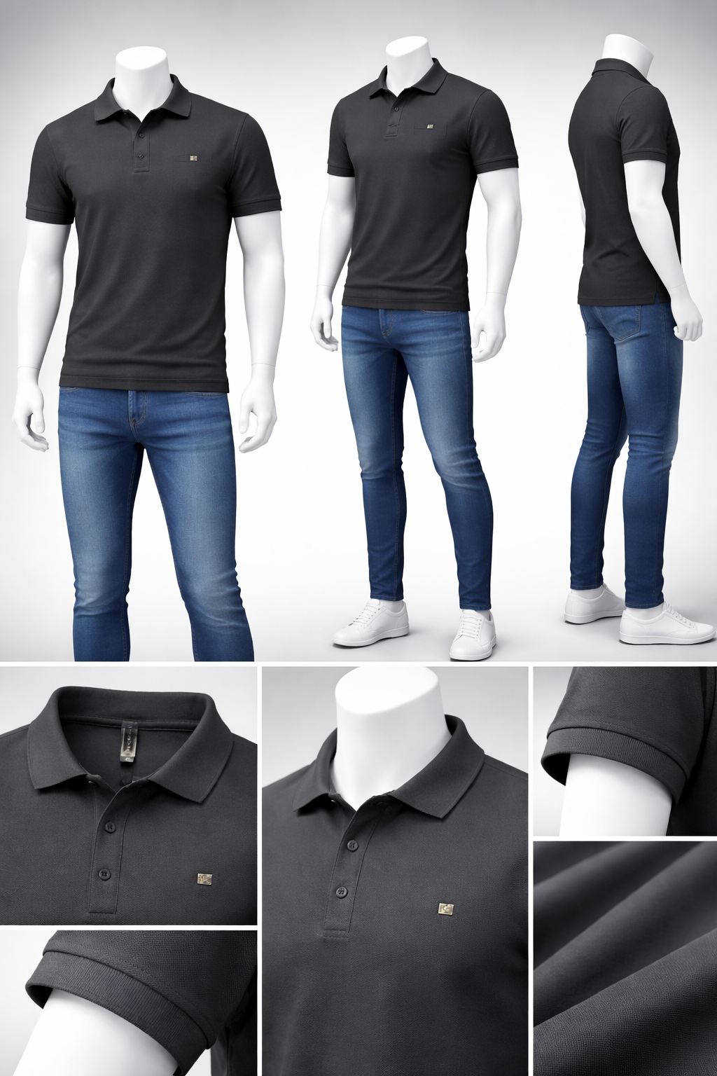 Premium Men's Textured Slim-Fit Polo Shirt – Charcoal Grey 191
