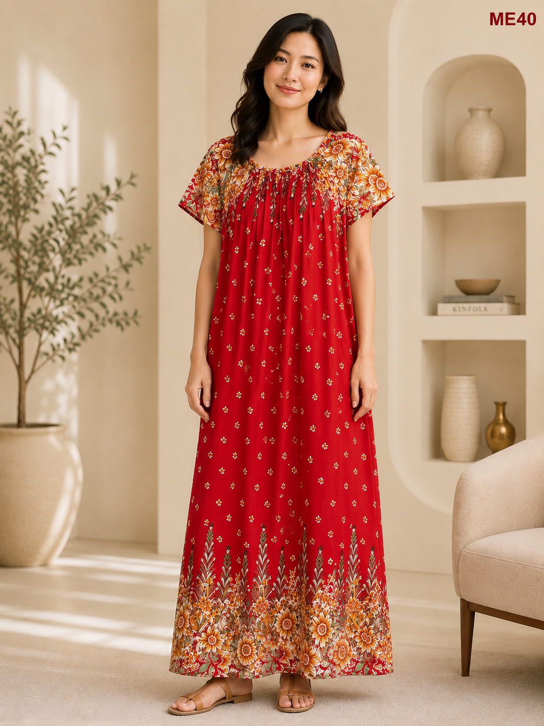 Crimson Red with Multicolor Floral Print Maxi Dress-ME40