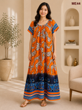 Vibrant Orange with Blue & White Abstract Print Maxi Dress-ME44