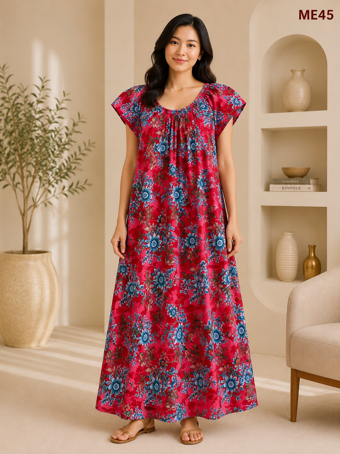 Deep Raspberry Red with Sky Blue Floral Print Maxi Dress-ME45