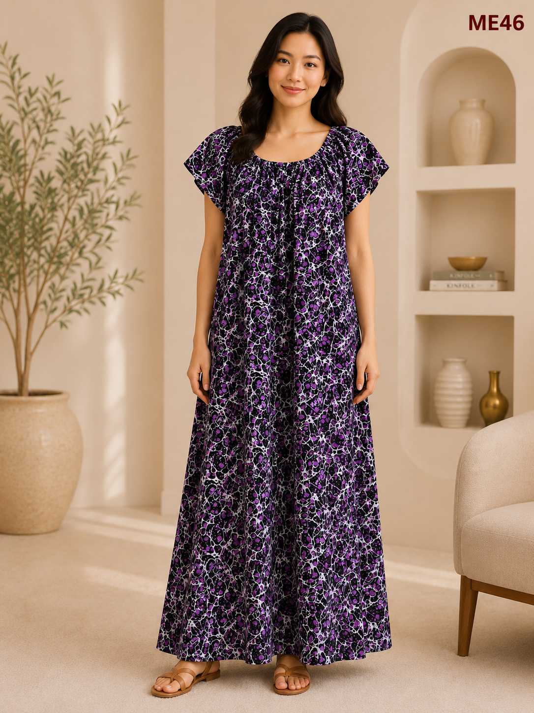 Black with Purple & White Abstract Print Maxi Dress-ME46