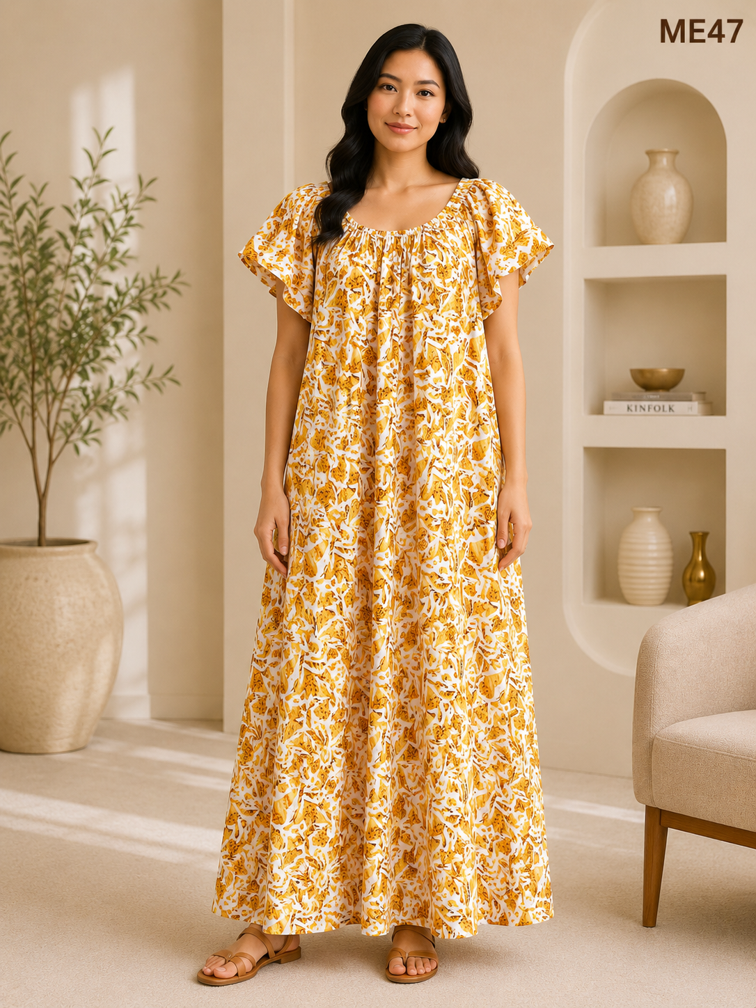 White Base with Mustard Yellow Floral Print Maxi Dress-ME47
