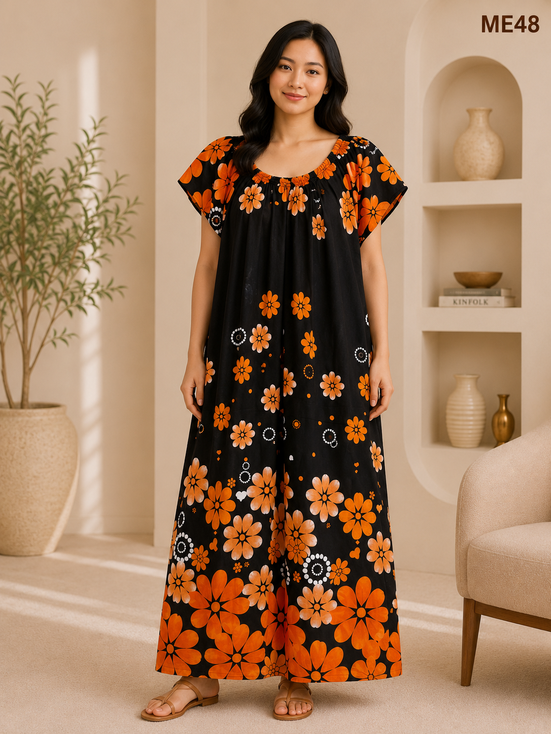 Black with Orange Floral Print Maxi Dress-ME48