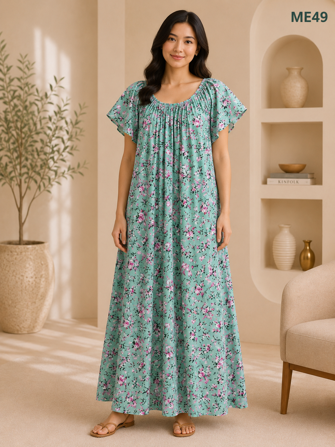 Sage Green with Pink Floral Print Maxi Dress-ME49