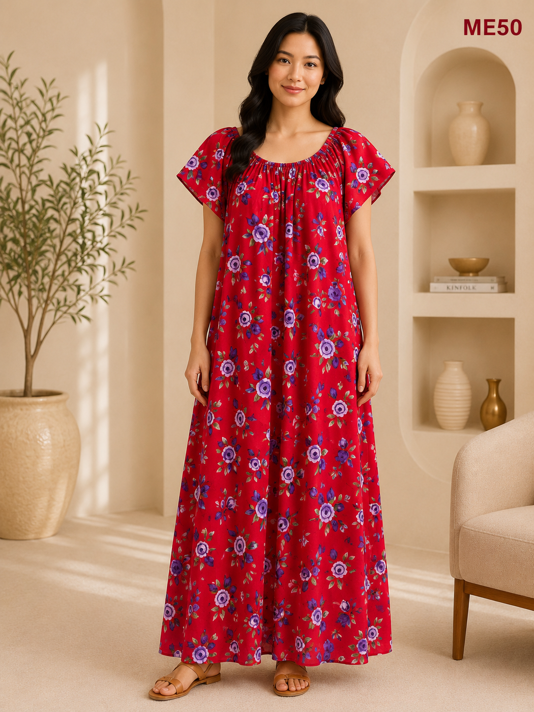 Crimson Red with Blue & Lavender Floral Print Maxi Dress-ME50