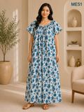 White Base with Teal Blue Floral Print Maxi Dress-ME51