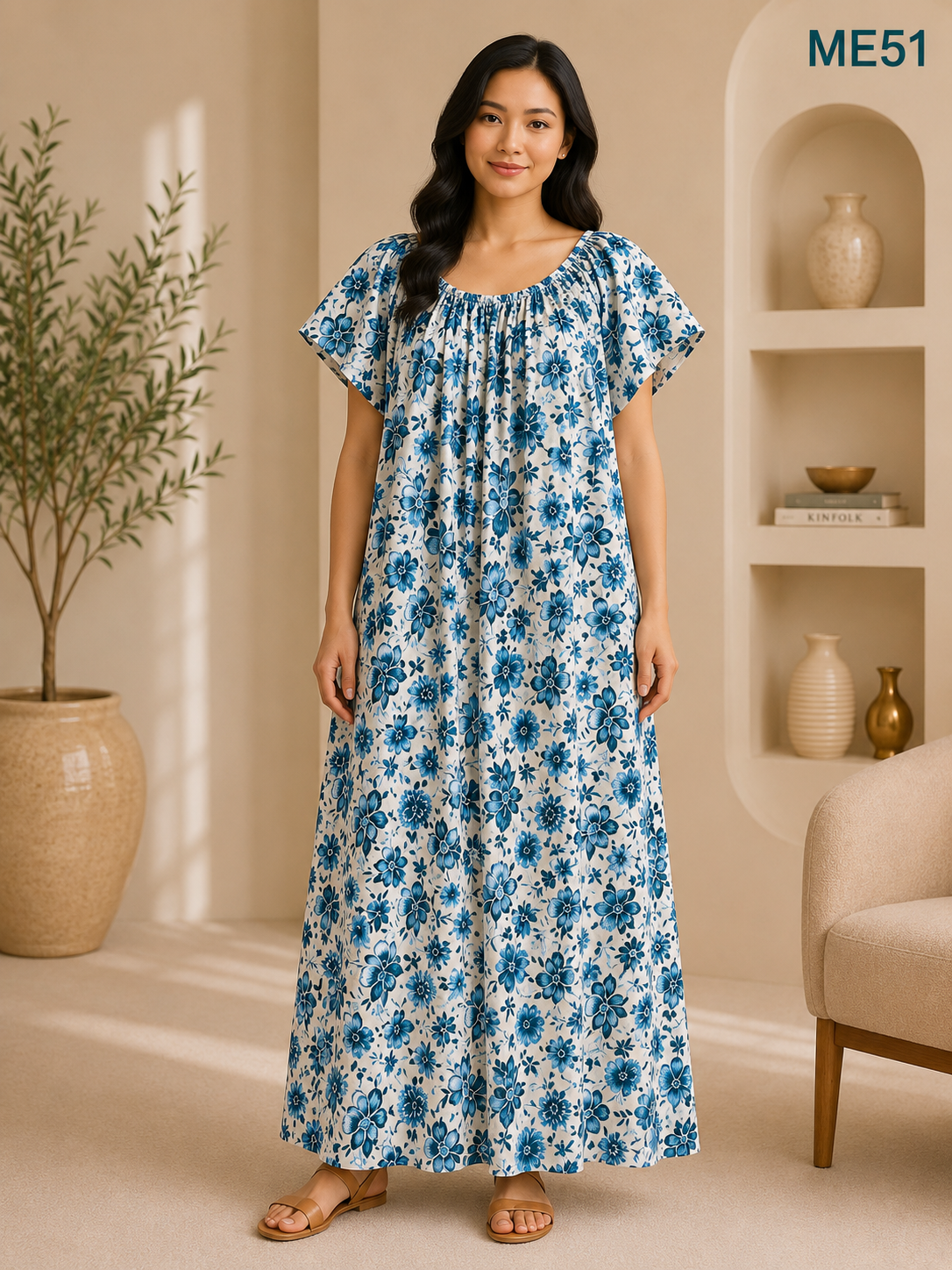 White Base with Teal Blue Floral Print Maxi Dress-ME51