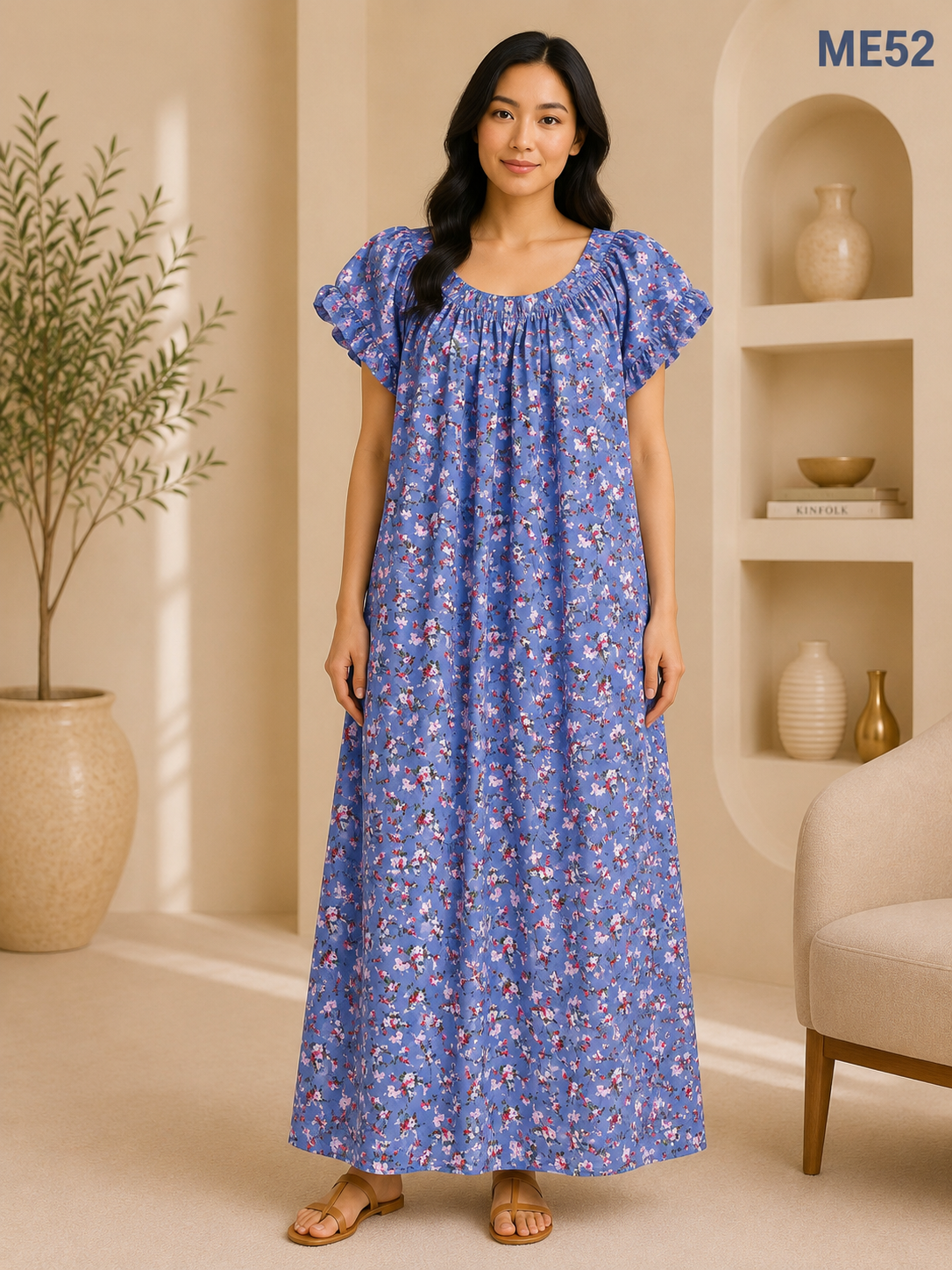 Dusty Blue with Pink Floral Print Maxi Dress-ME52
