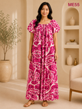 Hot Pink with White Abstract Leaf Print Maxi Dress-ME55