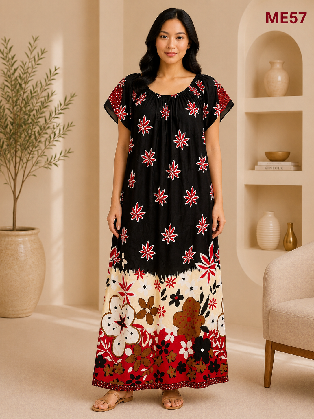 Black with Red, White & Mustard Floral Print Maxi Dress-ME57