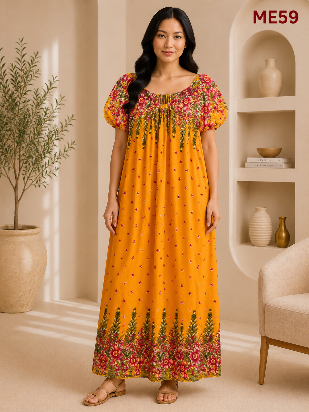Golden Yellow with Pink Floral Print Maxi Dress-ME59