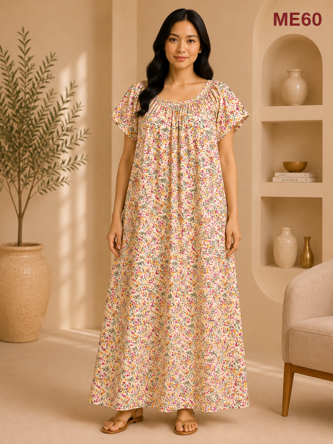 White Base with Multicolor Floral Print Maxi Dress-ME60