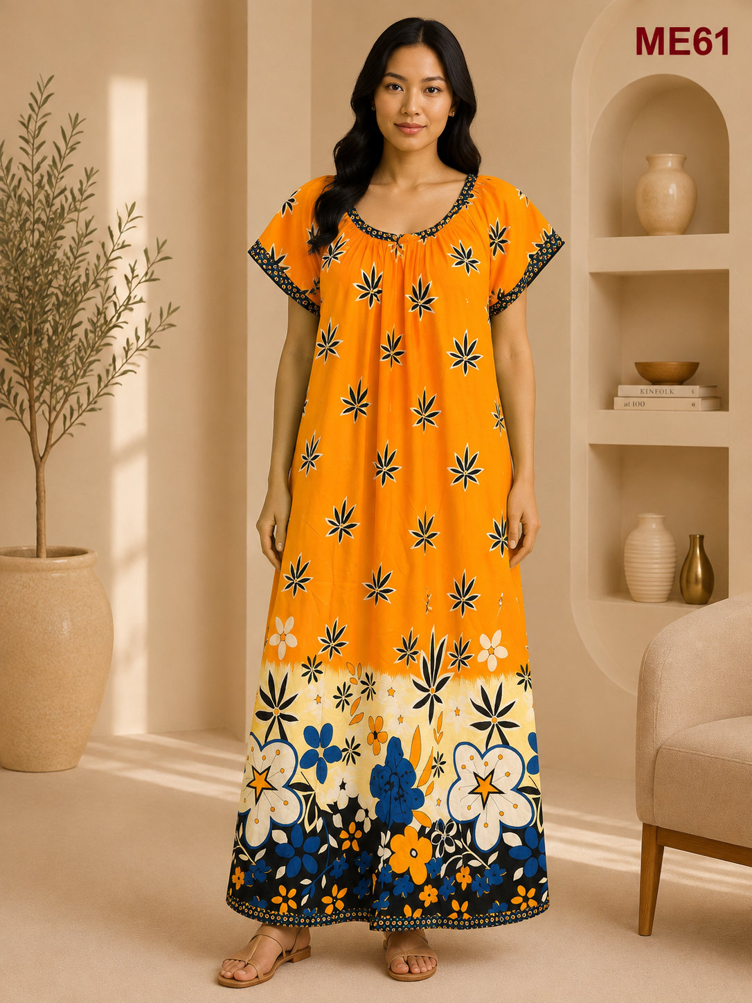 Mustard Yellow with Black, White & Royal Blue Floral Print Maxi Dress-ME61