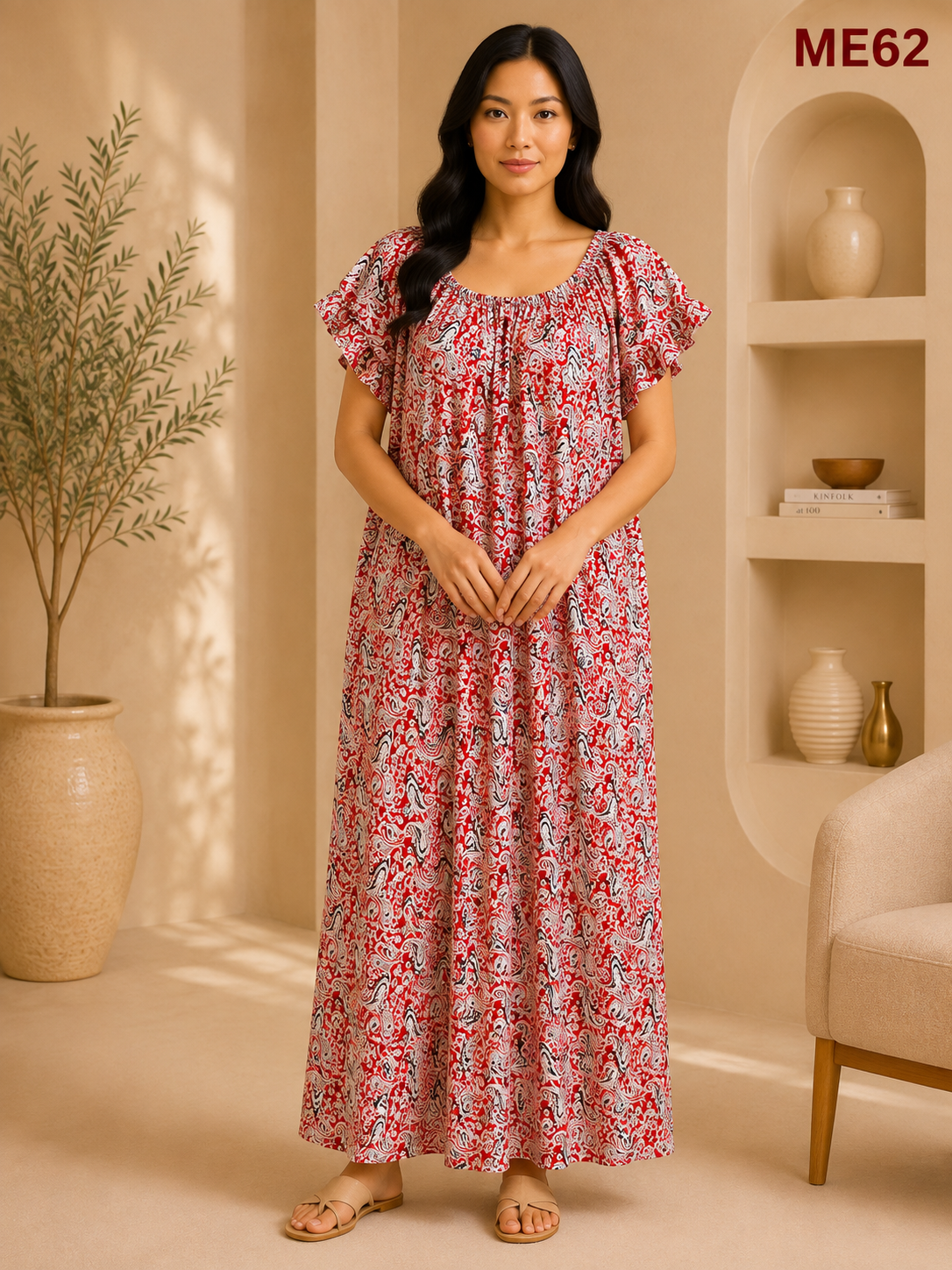 Crimson Red with White & Black Paisley Print Maxi Dress-ME62