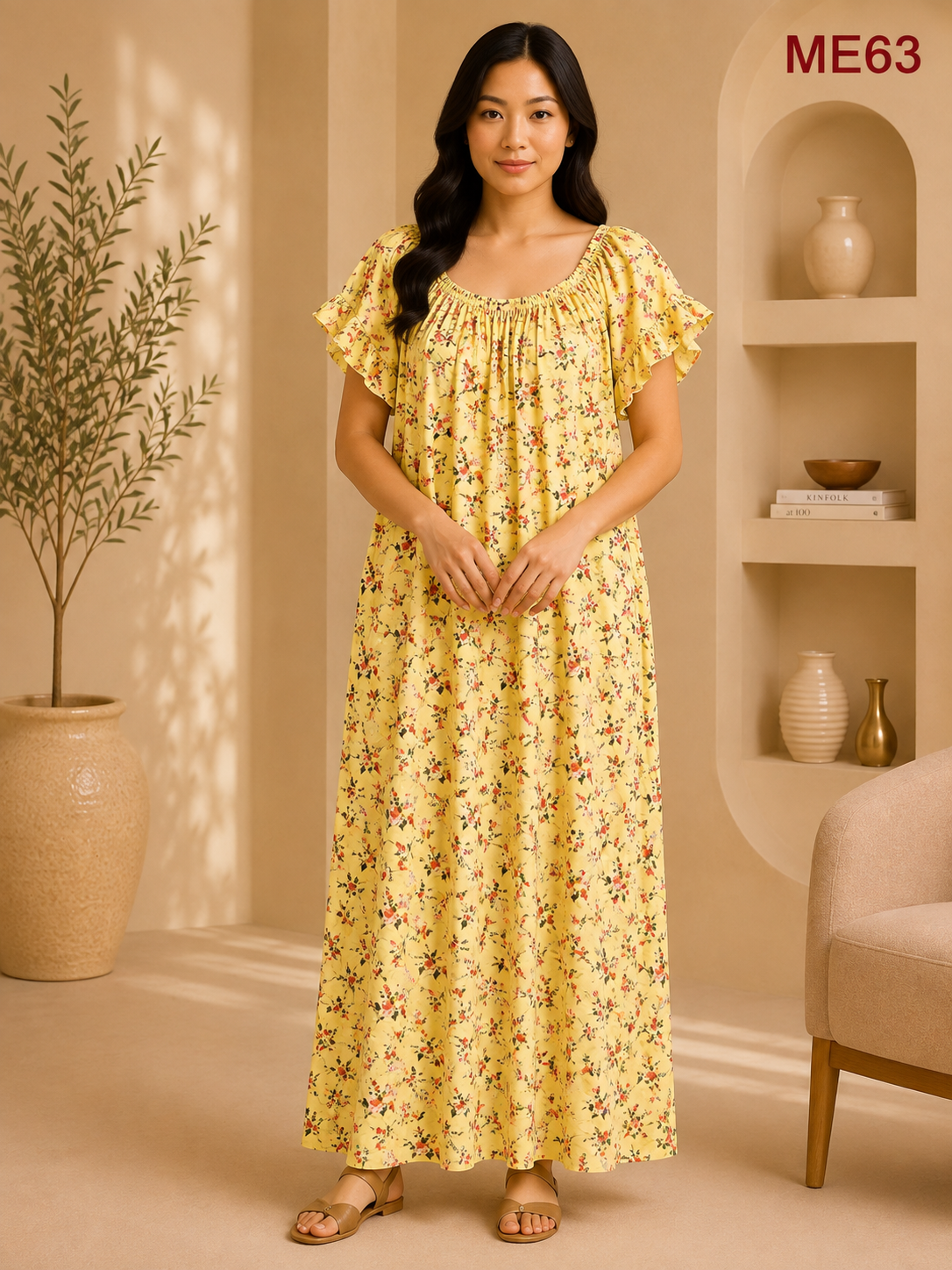 Pastel Yellow with Pink Floral Print Maxi Dress-ME63