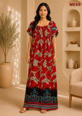 Crimson Red with Beige, Black & Teal Abstract Print Maxi Dress-ME65