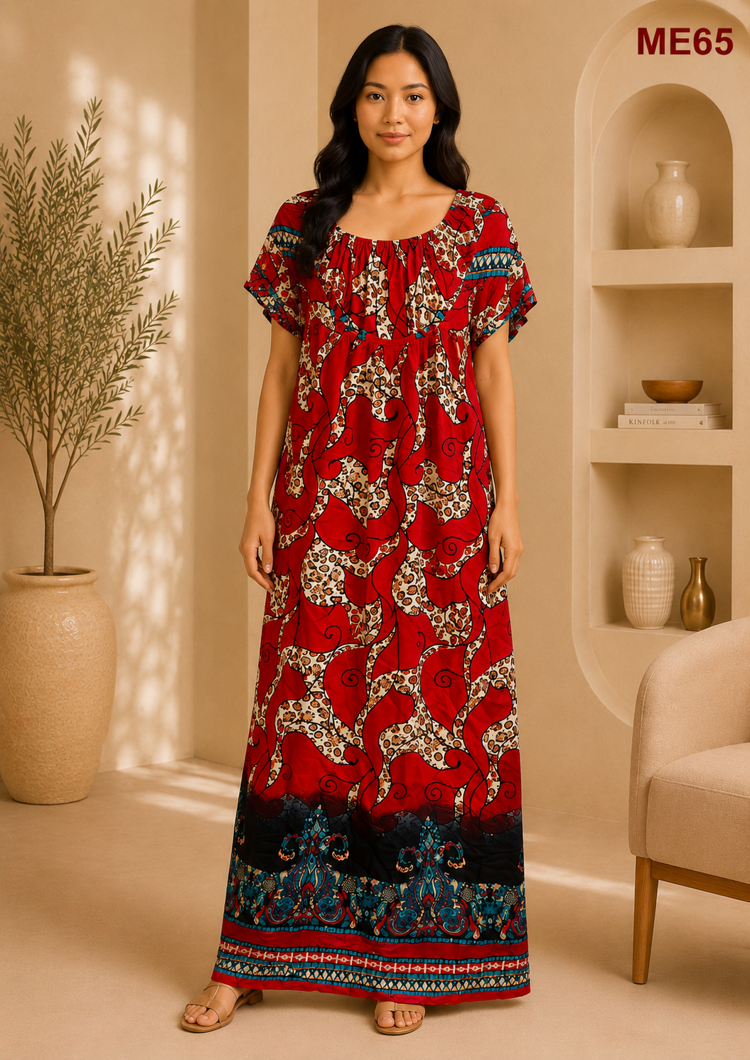 Crimson Red with Beige, Black & Teal Abstract Print Maxi Dress-ME65