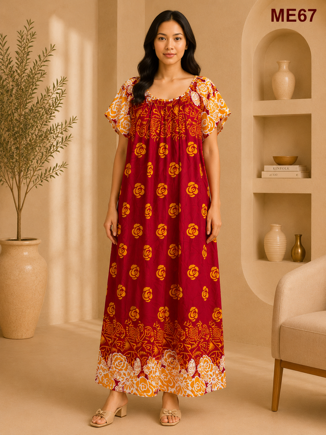 Deep Maroon with Mustard Yellow & White Floral Print Maxi Dress-ME67