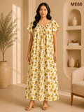 Cream White with Mustard Brown Floral Print Maxi Dress-ME68