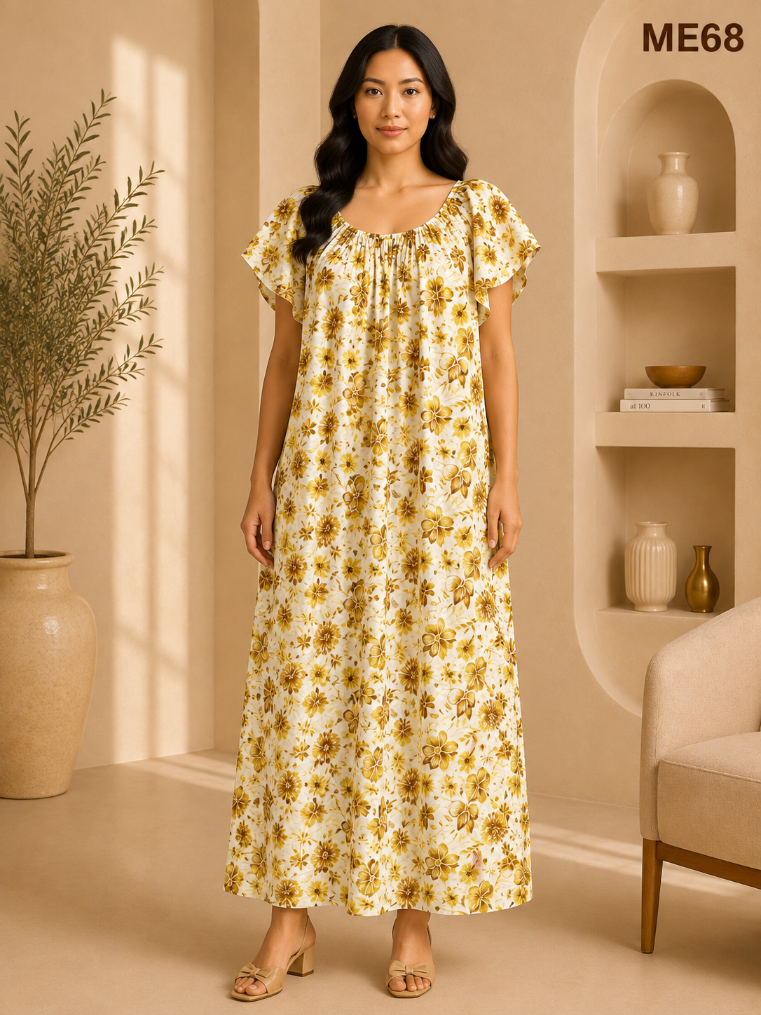 Cream White with Mustard Brown Floral Print Maxi Dress-ME68