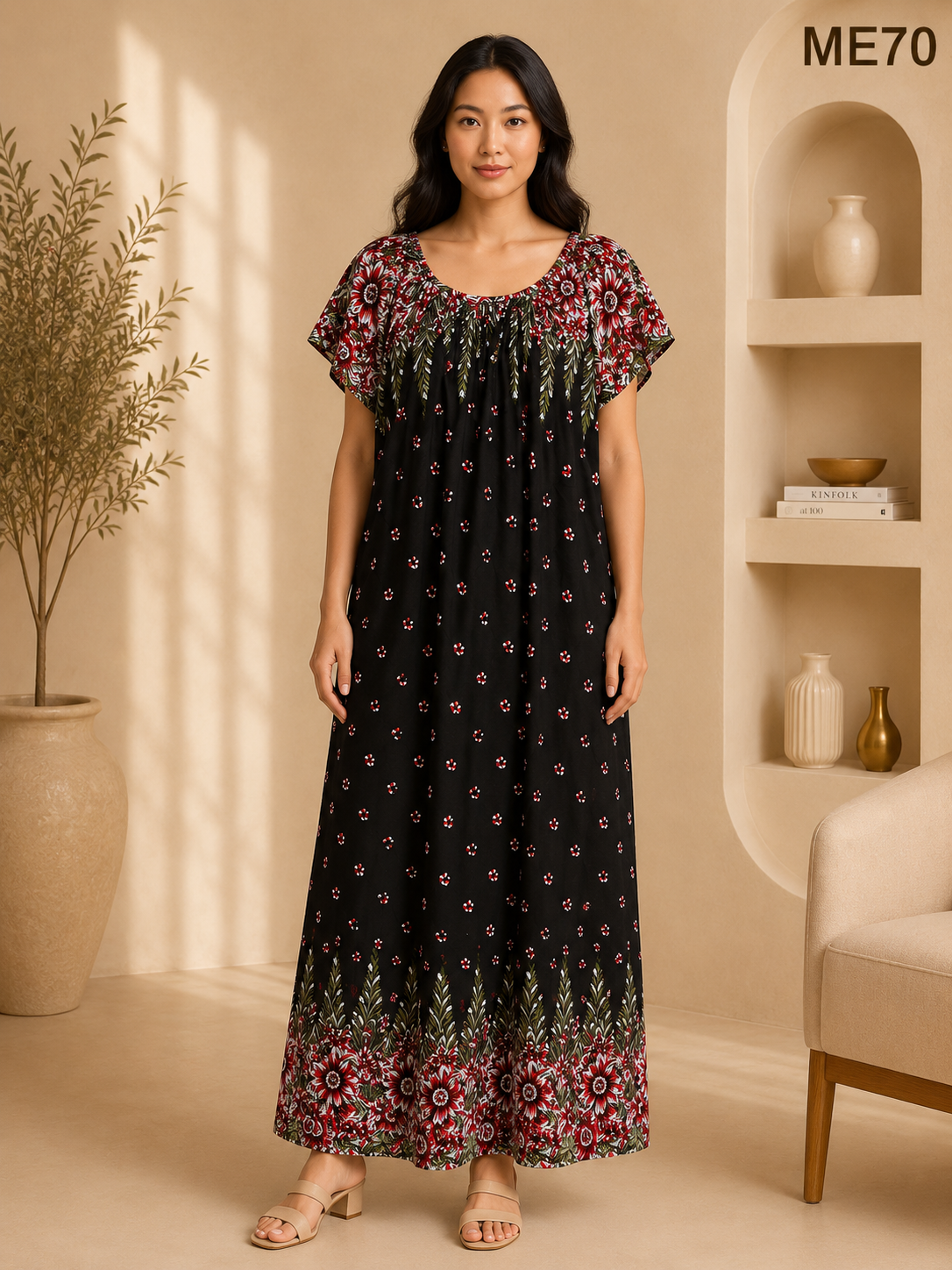 Black with Red & White Floral Border Print Maxi Dress-ME70