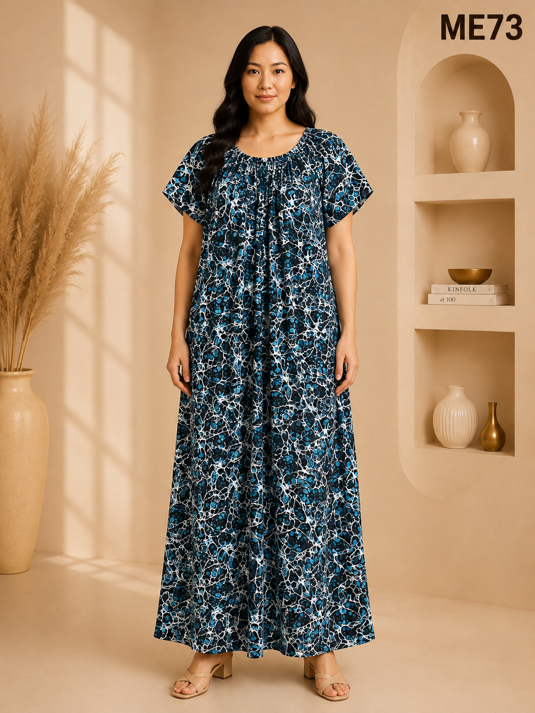 Black with Sky Blue Abstract Marble Print Maxi Dress-ME73