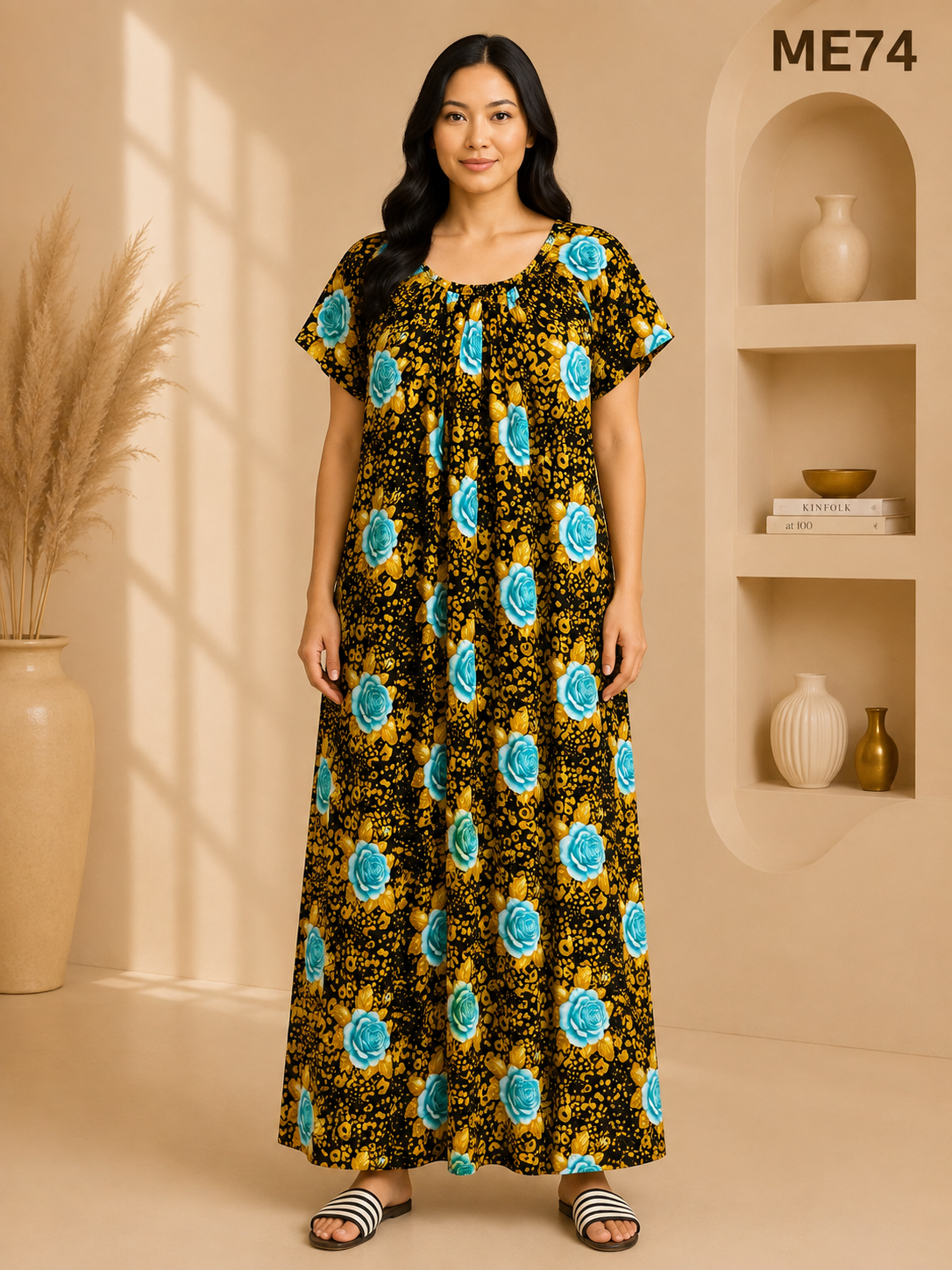 Black with Sky Blue Rose Floral Print Maxi Dress-ME74