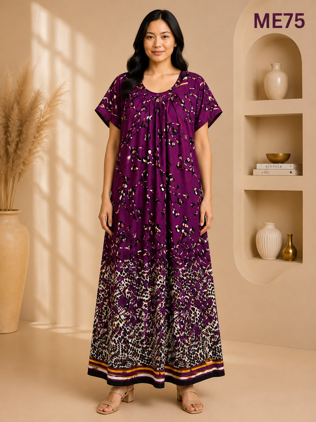 Deep Purple with Animal Print Border Design Maxi Dress-ME75