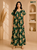 Dark Green with Orange & White Floral Print Maxi Dress-ME77