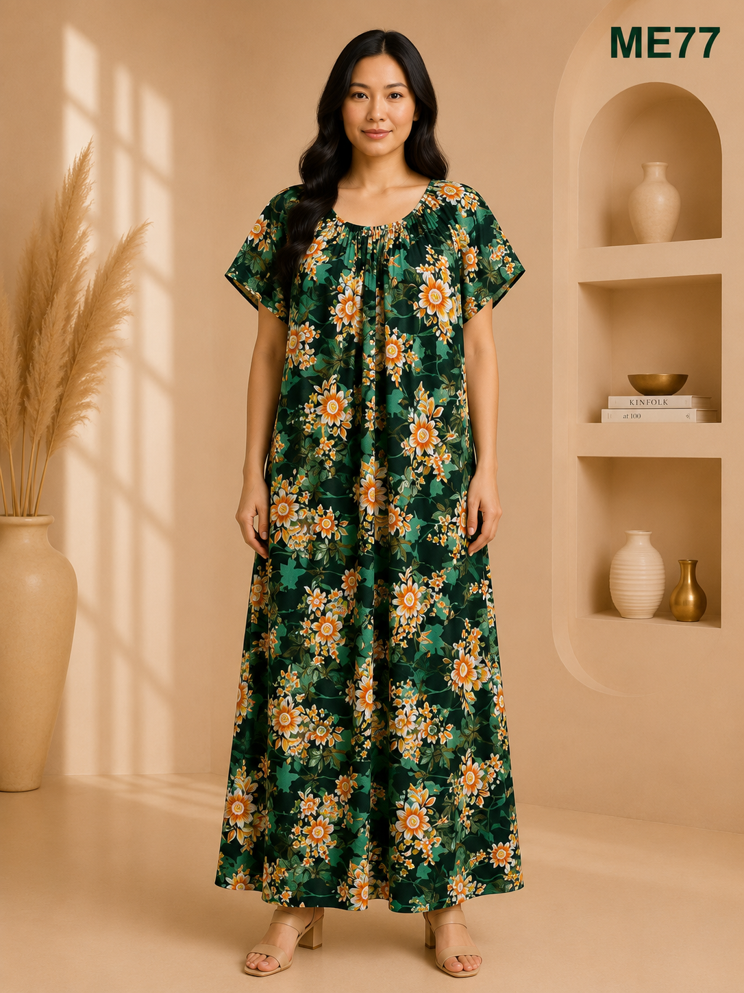 Dark Green with Orange & White Floral Print Maxi Dress-ME77