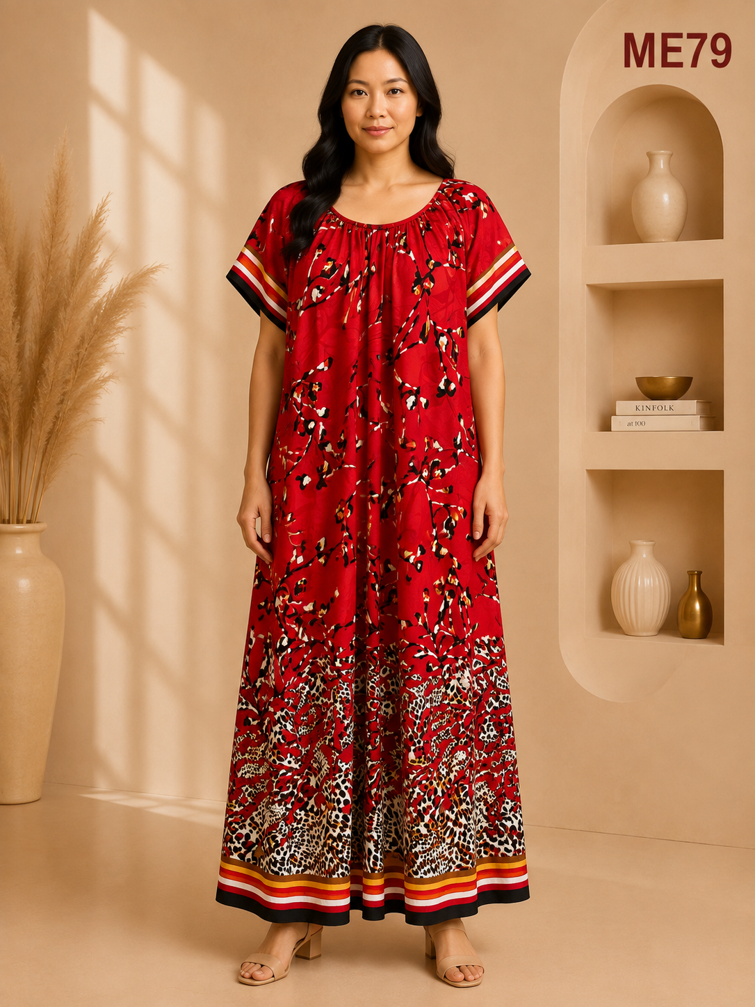Deep Red with Black Beige & White Abstract Print Maxi Dress-ME79