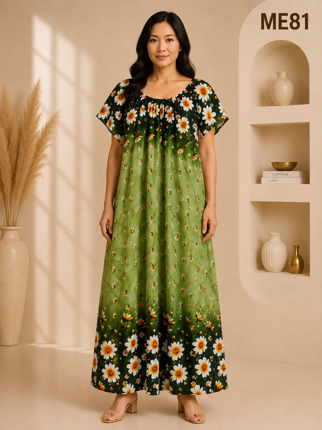 Olive Green Ombre with White & Yellow Daisy Floral Print Maxi Dress-ME81