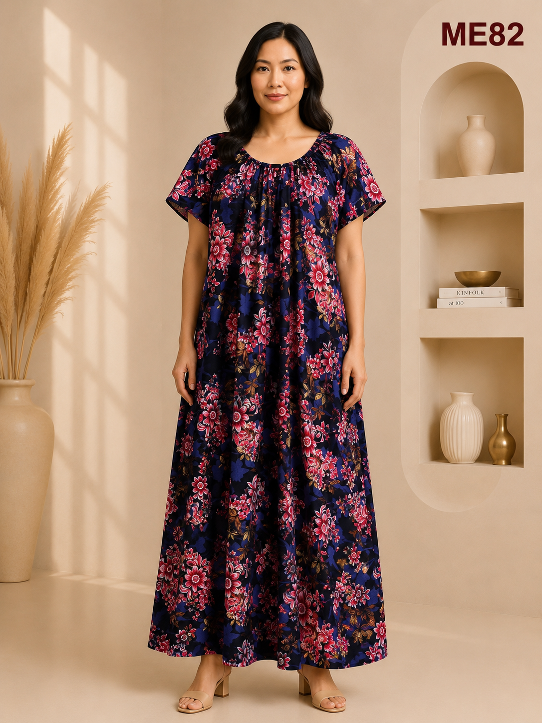 Navy Blue with Pink Floral Print Maxi Dress-ME82