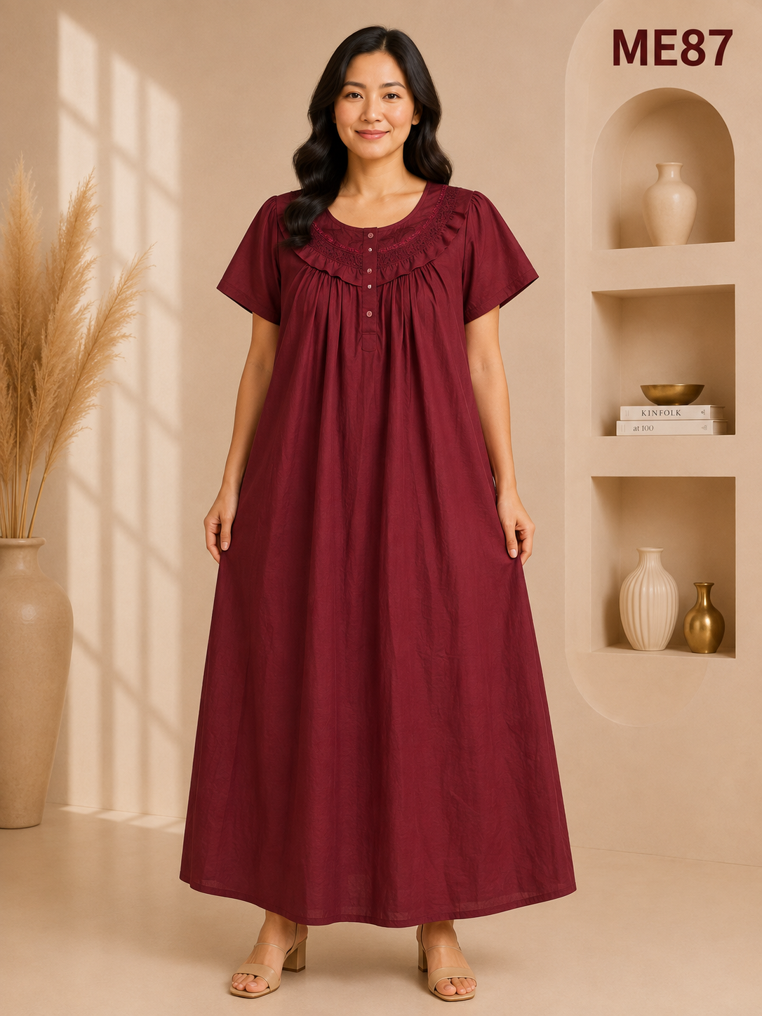 Wine Red Button Maxi Dress-ME87