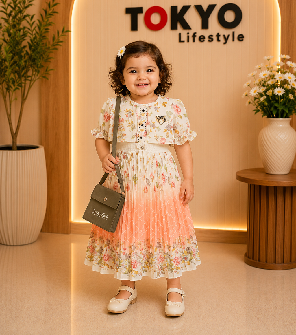 Baby Girls Floral Top & Pleated Skirt Set with Sling Bag 152
