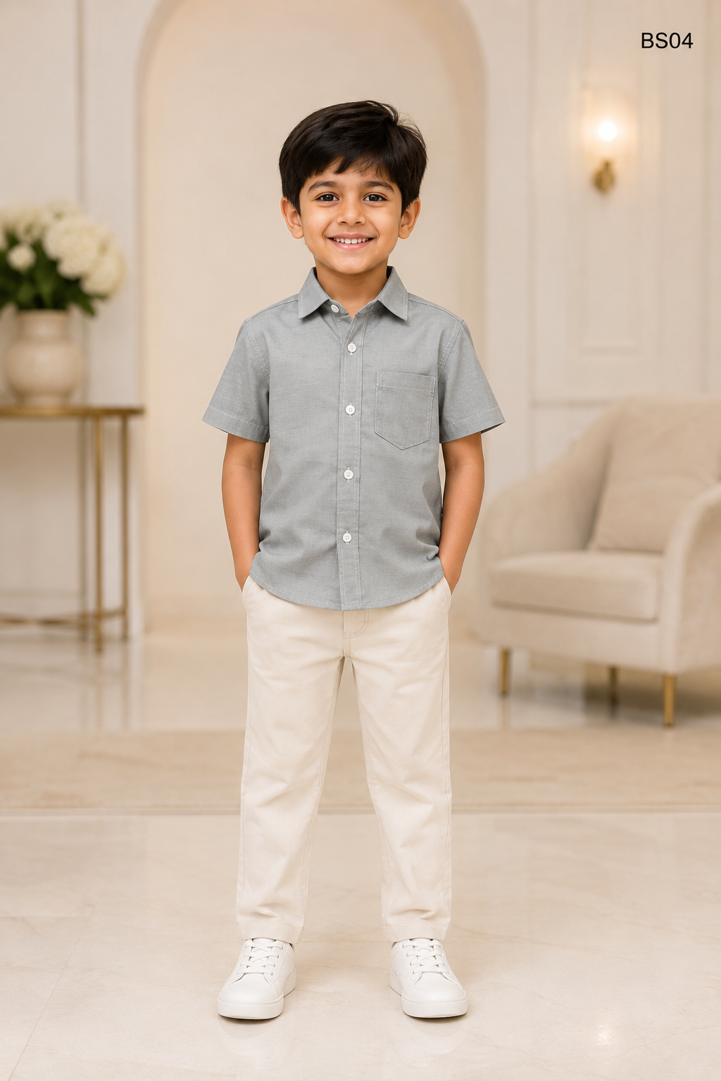 Boys Premium Sage Grey Short Sleeve Shirt-BS04