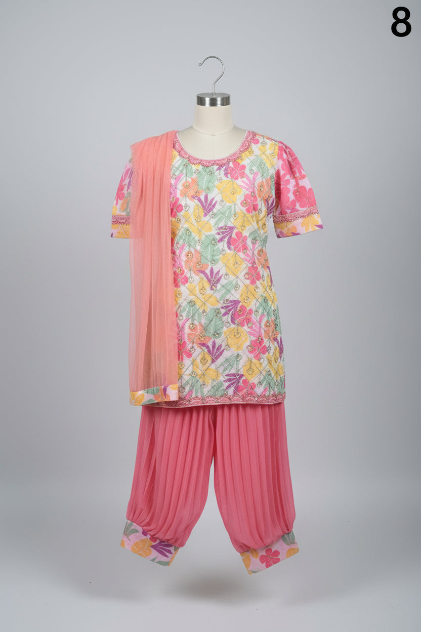 Girls Premium Embroidered Kurti with Chiffon Dupatta & Pleated Pant Set 8