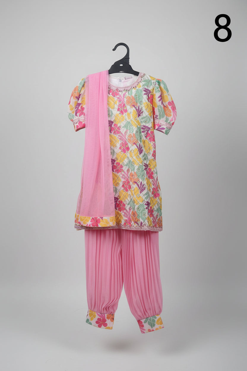 Girls Premium Embroidered Kurti with Chiffon Dupatta & Pleated Pant Set 8