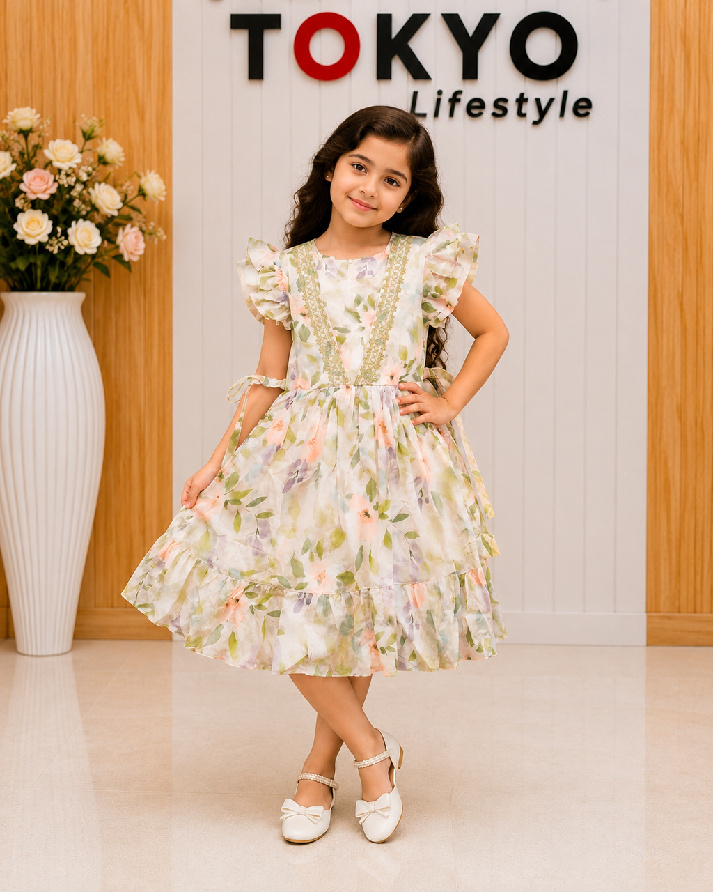Girls Floral Printed Short Sleeve Party Frock A72
