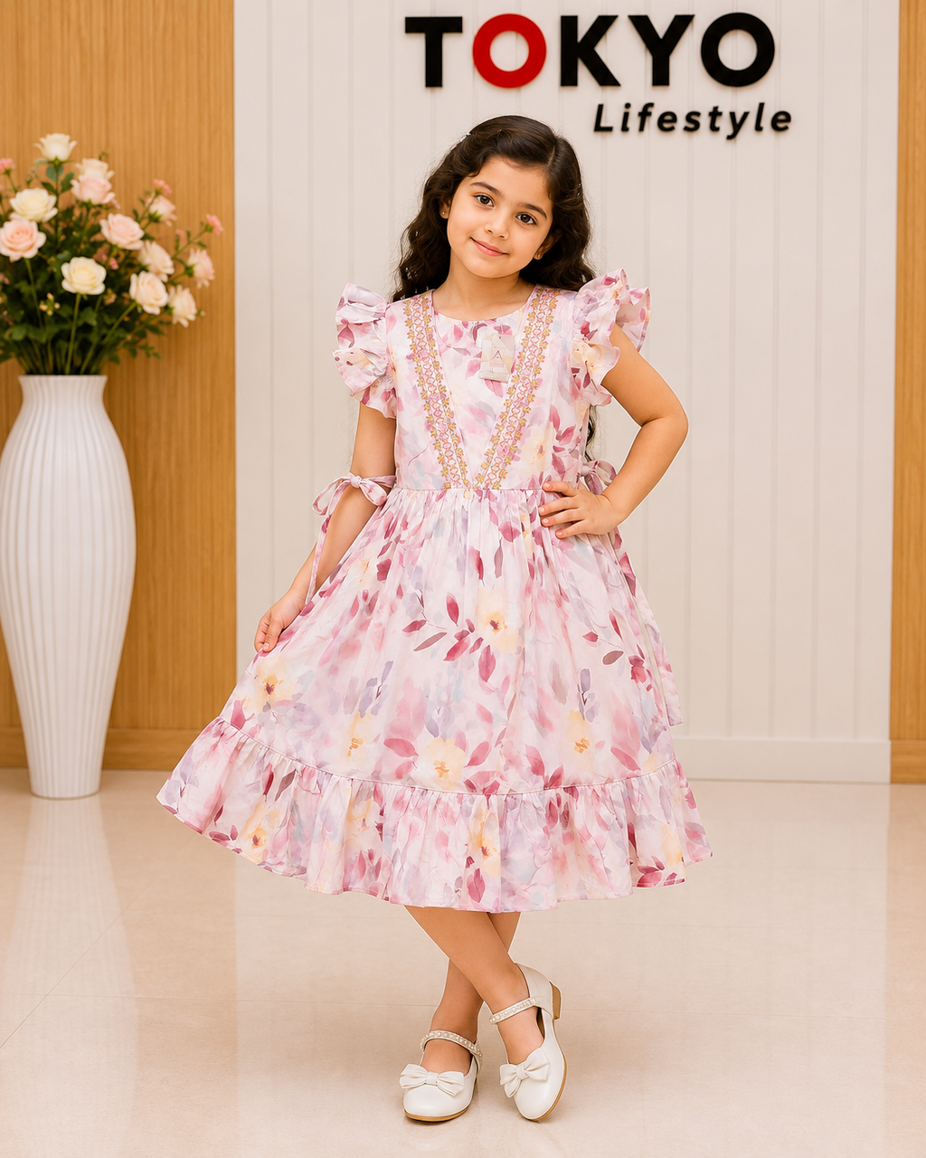 Girls Floral Printed Short Sleeve Party Frock A72