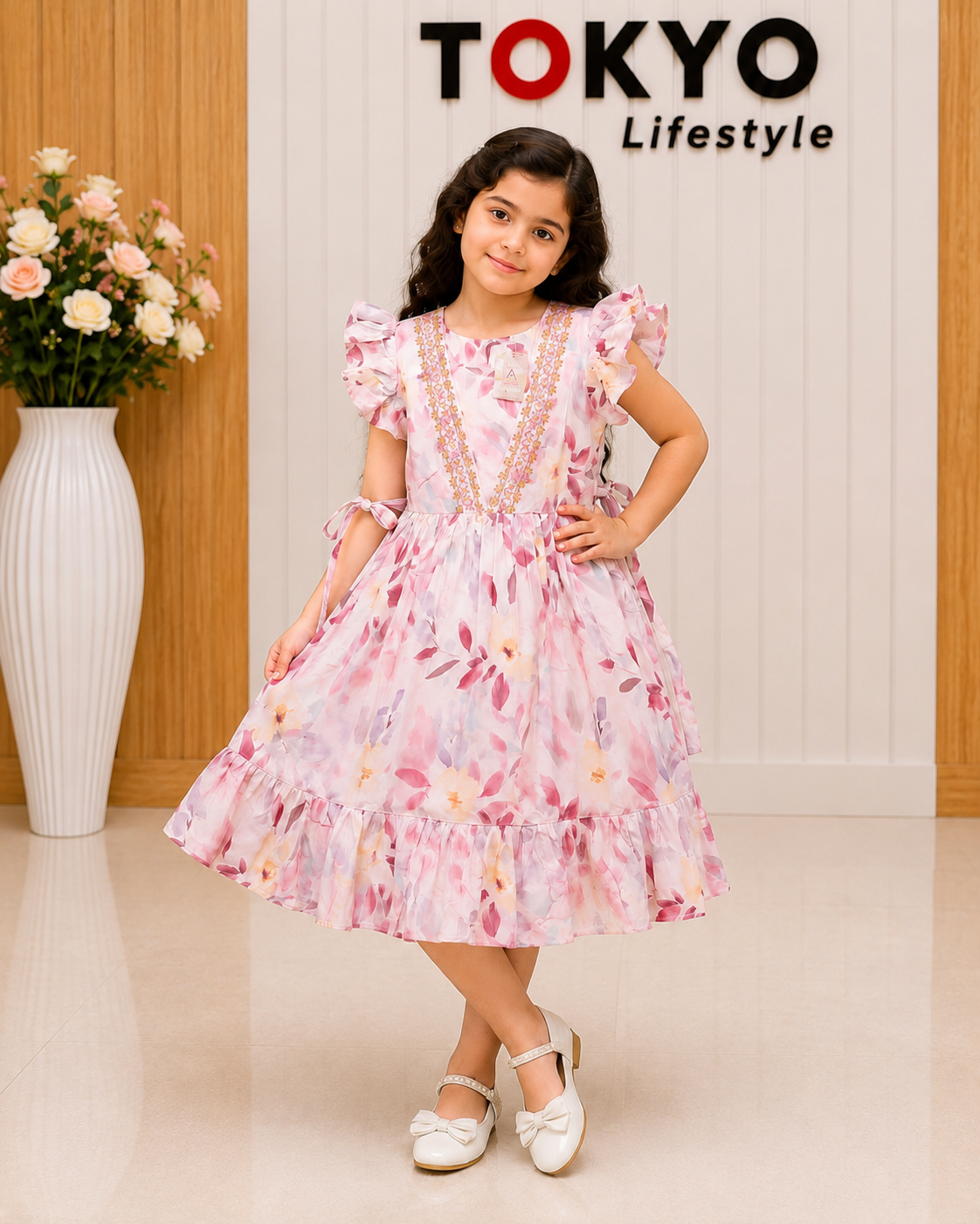Girls Floral Printed Short Sleeve Party Frock A72